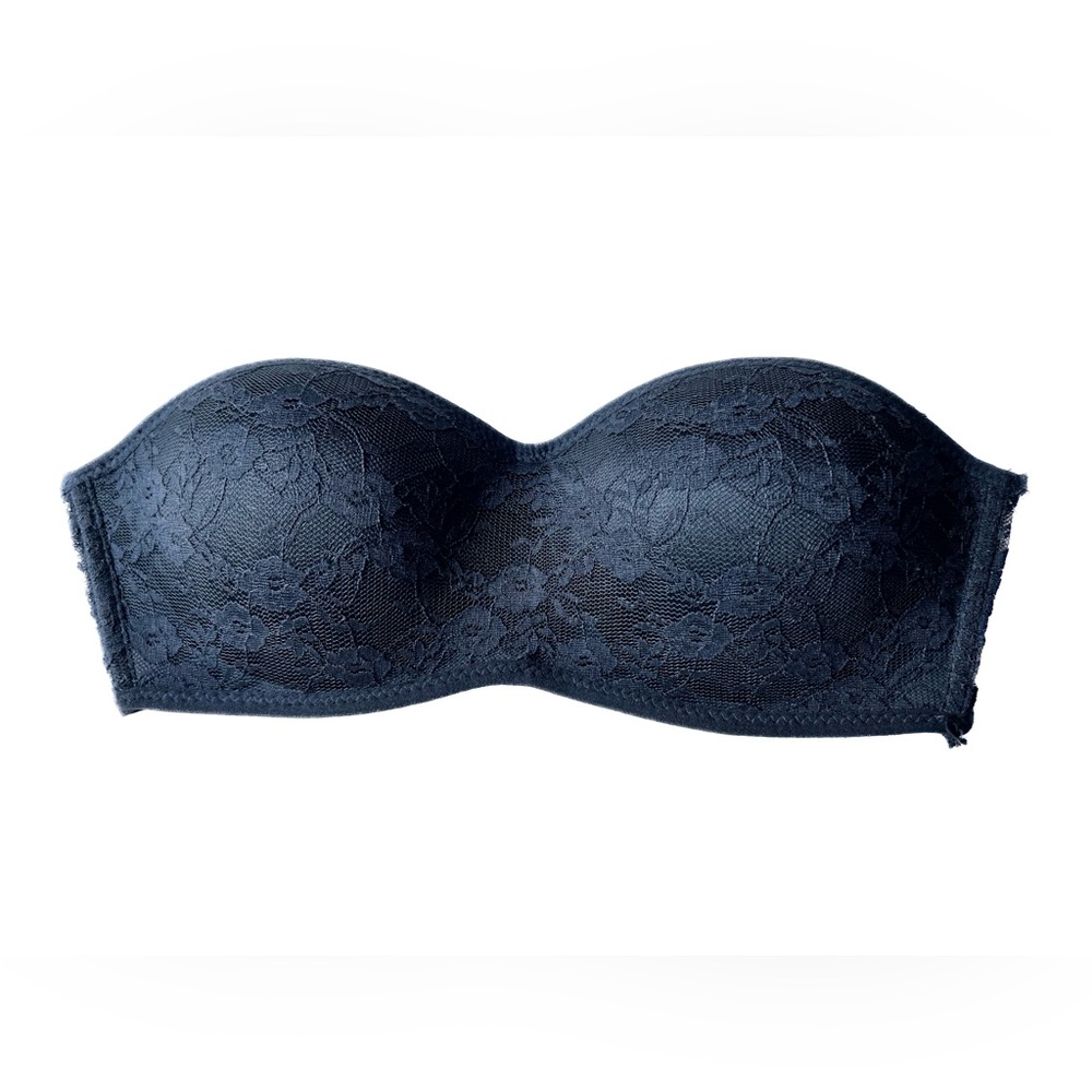 Black Lace Bandeau Strapless Pull On Bra, Size M